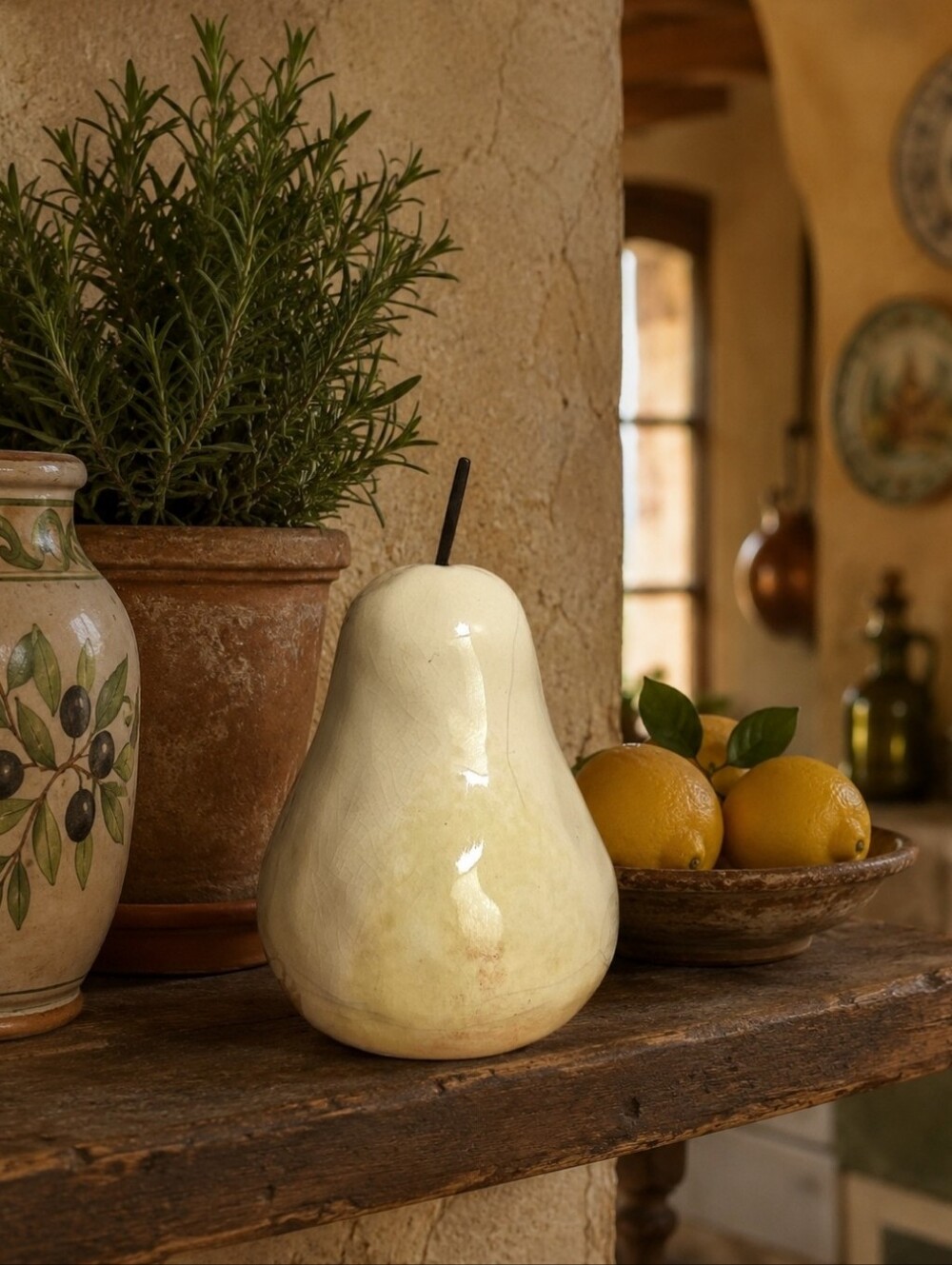 Large Oversized Glazed And Crazed Ceramic Pear Fruit Decor Mottled Tuscan Style